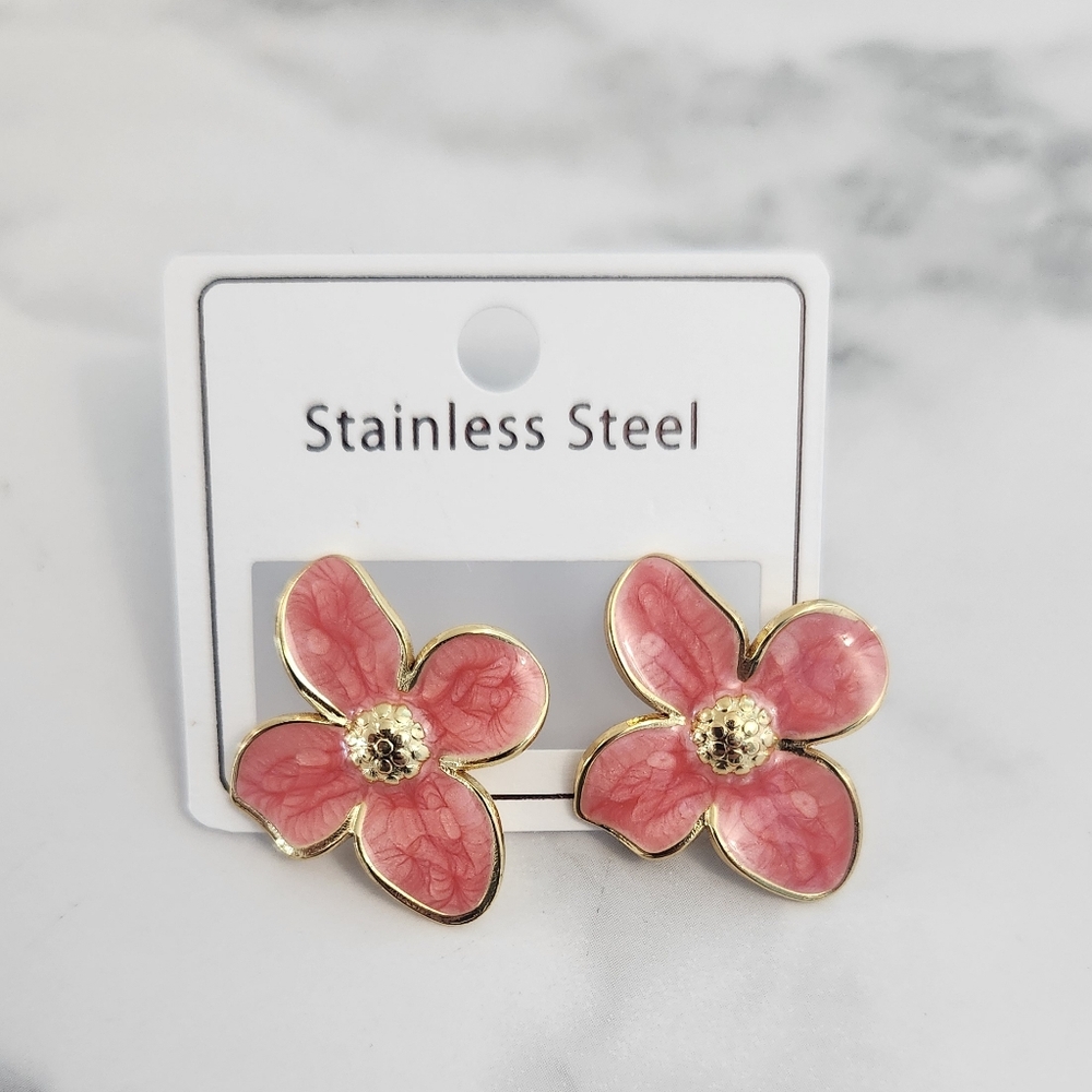 Gold & Pink Enamel Floral Stainless Steel Stud Earrings